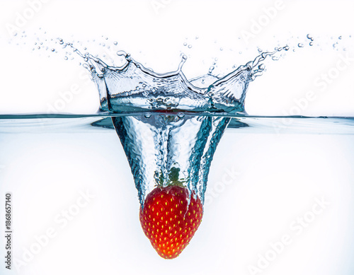 Fresh strawberry splashing into clear water with dynamic motion
