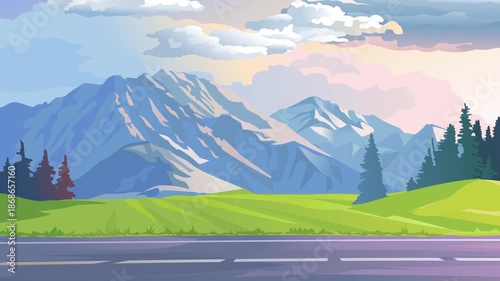 Animation of a Modern Luxury Car Driving Through a Scenic Mountain Landscape.