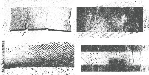 Collection of four distressed grunge textures with rough edges and speckled patterns for abstract and background overlays
