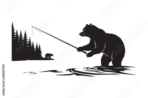 Grizzly bear expertly fishing in the river while its cub watches from the forested bank Vector