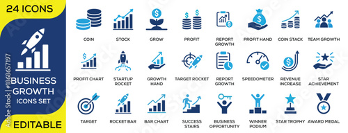 Business growth icon set with profit, revenue, startup success, charts, targets and achievement symbols. Modern editable vector icons suitable for finance, marketing, analytics and corporate presentat