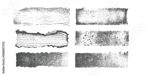 Six distinct stippled dot banners with torn and ragged edges showcasing variations in texture density and shading creating versatile for backgrounds