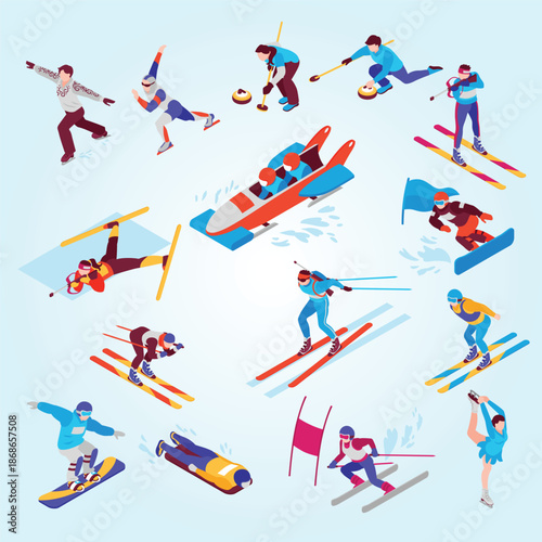 Winter sport isometric set with snowboarding alpine skiing biathlon curling figure skating bobsled isolated vector illustration
