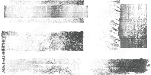 Set of abstract halftone dot patterns and distressed grunge textures on white background for overlays and retro effects