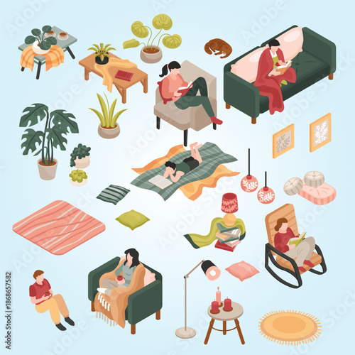 Cozy home isometric icons set with furniture decoration and human characters isolated on white background vector illustration