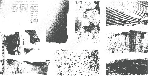 Collection of distressed grunge textures and abstract featuring torn paper edges and speckled ink patterns for vintage overlays