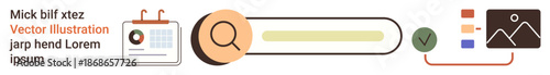 Digital marketing, search tools, user interface design, content management, workflow automation, information retrieval. Search bar, magnifying glass and workflow icons. Digital marketing and search