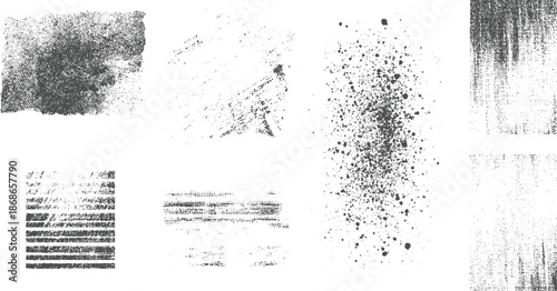 Assortment of monochromatic distressed textures and abstract including spray paint splatters and linear patterns for applications