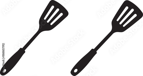 Two black silhouettes of spatulas isolated on for cooking and kitchen use