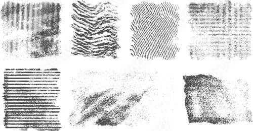 Set of abstract grunge textures with varied linear strokes, wavy lines, and granular speckles in a monochrome scheme for versatile background and overlay use