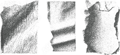 Close-up abstract textures of crumpled or folded paper with a grainy, stippled effect and torn edges in a monochromatic grayscale palette