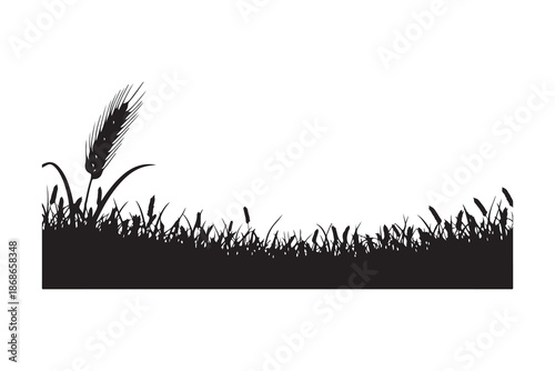 A simple black and white illustration of grass and wheat stalks