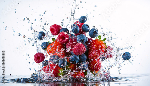 Fresh mixed berries splashing in water on white background