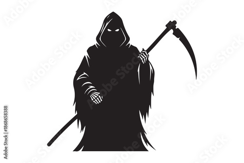 The ominous silhouette of the grim reaper, cloaked figure with a menacing scythe Vector