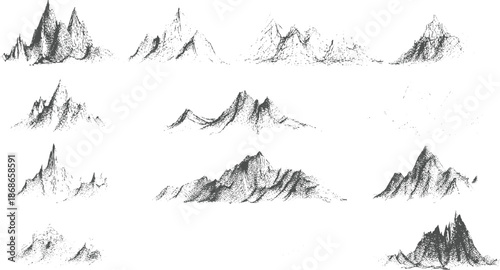 Collection of abstract mountain landscapes rendered in a stippled dot technique on a white background showcasing diverse topographical forms
