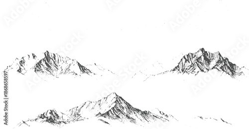 Detailed ink of mountain peaks showcasing rugged terrain and dramatic geological formations against a clean white background