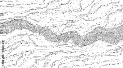 Detailed topographic map style of a winding river valley with layered contour lines and textured earth creating a sense of depth and geological formation