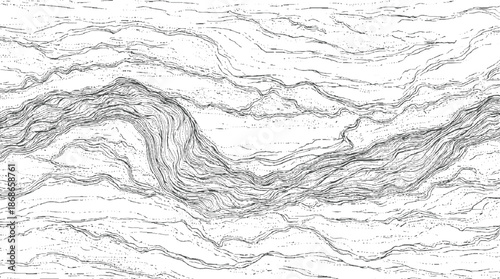 Abstract artistic interpretation of geological strata and flowing water channels using dense, swirling contour lines and granular textures for a dynamic visual effect