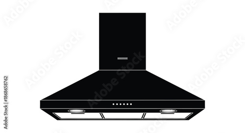 a modern black kitchen range hood depicted as a stark dramatic silhouette