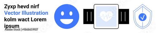 Healthcare, fitness tracking, data protection, wellness tech, medical diagnostics, secure device usage. A smartwatch displays heart rate, a happy face and a shield icon. Healthcare and data