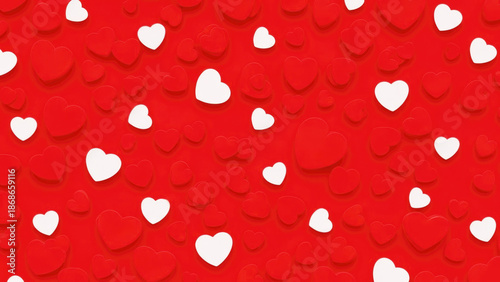A pattern of white hearts on a red background