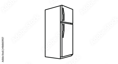 A simple black and white outline drawing depicting a modern refrigerator appliance silhouette