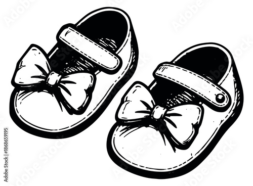Hand drawn line art baby shoes set featuring cute mary janes with bows for infant fashion