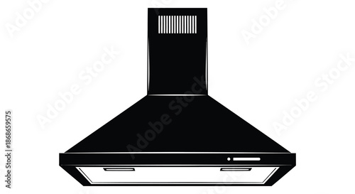 A sleek and modern kitchen range hood displayed in a stark black silhouette