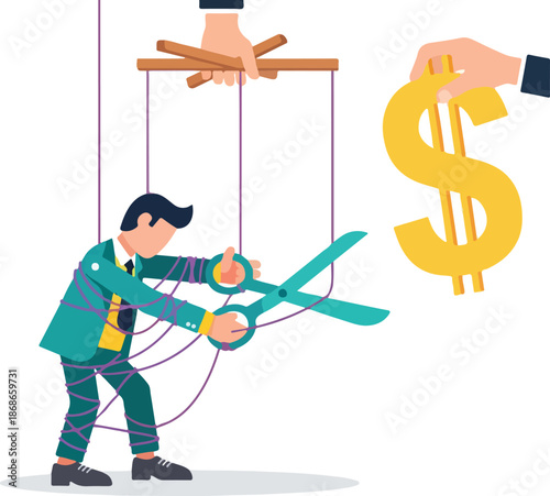 Businessman cutting strings of control to achieve financial freedom.