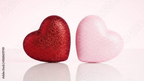 Two sparkling hearts, one red and one pink, side by side