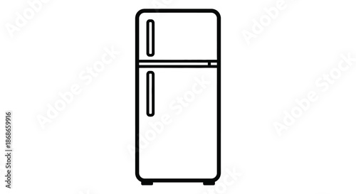 A minimalist depiction of a classic top freezer refrigerator design in black silhouette
