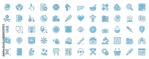 Medical and medicine web icons set in line design. Duotone pictogram pack of doctor, patient, support, care, injury, medicare, treatment, ambulance, more outline stroke signs. Vector illustration.