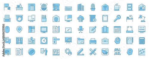 Office workspace web icons set in line design. Duotone pictogram pack of desk, computer, employee, lift, finger scanner, keyboard, chair, stationery, more outline stroke signs. Vector illustration.