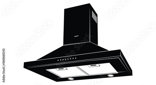 A modern kitchen range hood design presented in a striking black and white silhouette