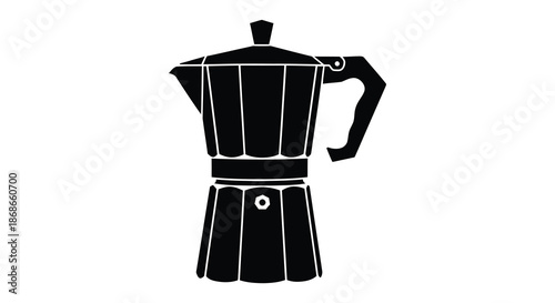 A striking black silhouette of a classic italian stovetop espresso maker prominently displayed