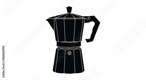 A striking black and white illustration of a stovetop espresso maker a distinct silhouette