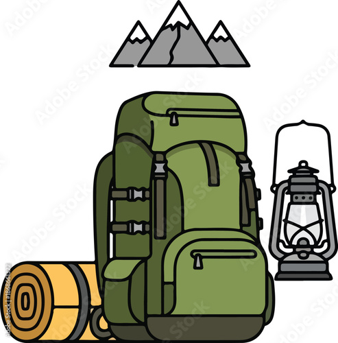 Green Hiking Backpack with Sleeping Mat and Lantern for Outdoor Adventure.