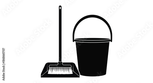 A simple illustration depicting a black bucket and a broom standing side by side silhouette
