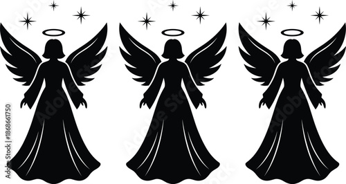 Angel icon set, halo silhouettes, celestial stars, spiritual figures, divine presence, purity theme, black vector graphics, symmetrical layout