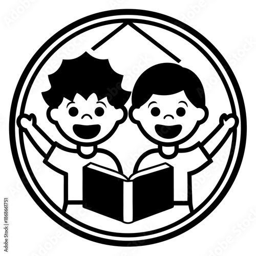 Children reading books silhouette illustration, boy and girl studying together, education and learning concept, black and white school artwork