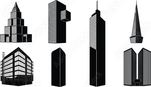 Collection of black skyscraper silhouettes and urban building icons featuring modern corporate towers, apartment complexes, and architectural city skyline design elements.