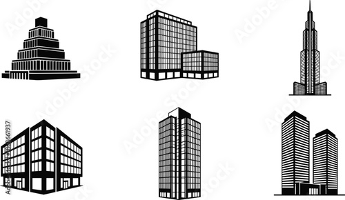 Set of black skyscraper silhouettes and modern building icons including corporate towers, apartment complexes, and urban city skyline design elements for architecture.