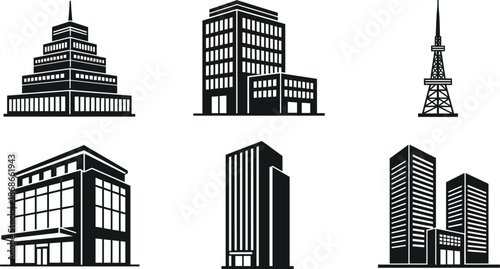 Collection of black skyscraper silhouettes and modern building icons featuring corporate towers, office complexes, and architectural city skyline design elements for