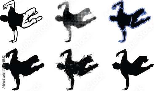 Breakdance silhouette illustration set, hip hop street dancer performing freeze pose, urban dance movement vector icons in modern artistic styles