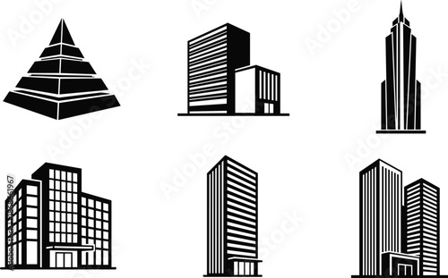 Set of black skyscraper silhouettes and modern building icons featuring corporate towers, office complexes, and architectural city skyline elements for urban design.