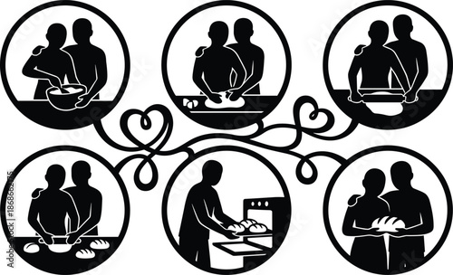 Couple baking bread together silhouette set, love, teamwork, homemade food process, romantic kitchen moments, black white vector illustration collection