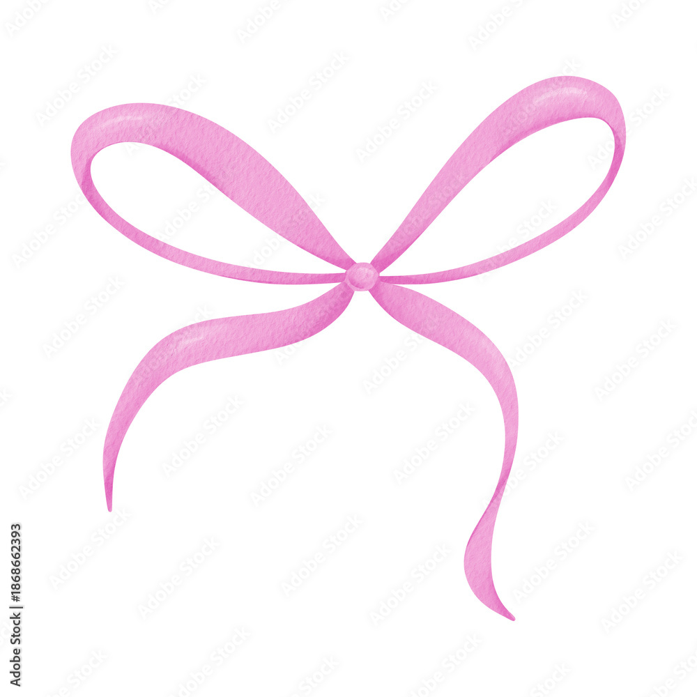 Fototapeta premium Watercolor pink bow, ribbon silk, illustration for design and print.