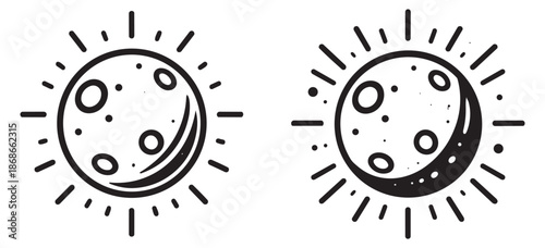 Hand drawn line art celestial elements set featuring sun and moon icons with rays for astronomy and weather concepts
