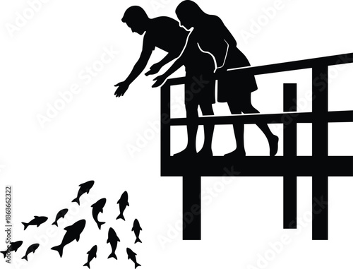 Couple feeding fish from wooden pier, romantic silhouette moment by the water, shared care, bonding, tranquility, black white vector illustration