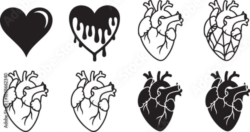 Collection of heart illustrations in various styles and anatomical views